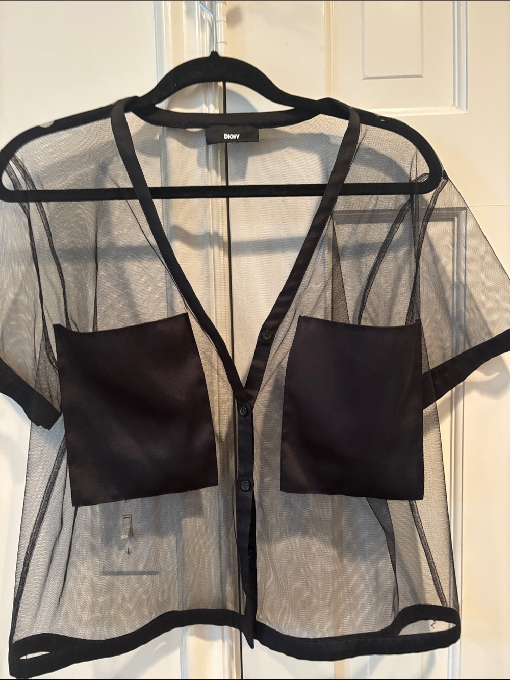 DKNY Black Sheer Button-Front Short Sleeve Top with Contrast Pockets
